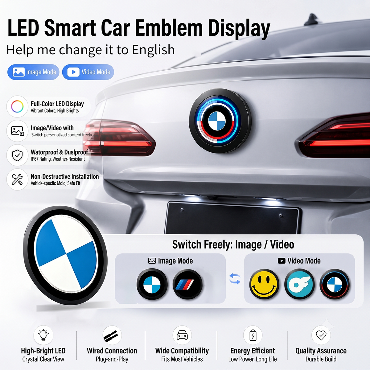 BMW Smart LED Emblem — App-Controlled RGB Badge (74mm / 82mm)